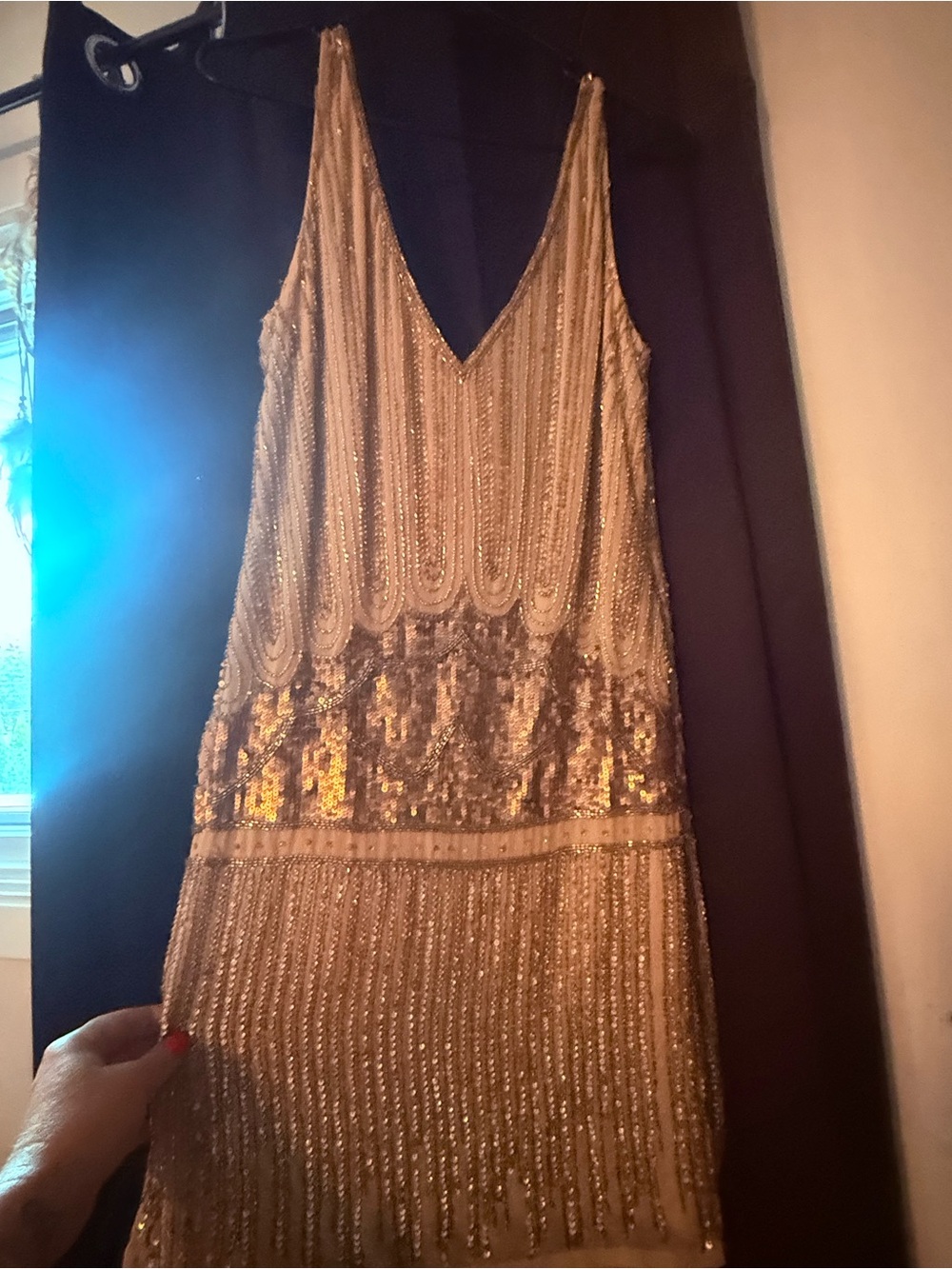 Gold Sequin Fringe V-Neck Evening Dress